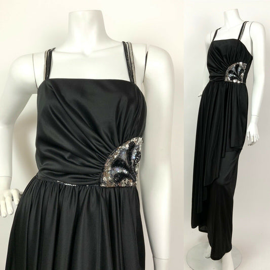 VINTAGE 60s 70s BLACK SILVER SEQUIN COCKTAIL PARTY DECO STRAPPY MAXI DRESS 6