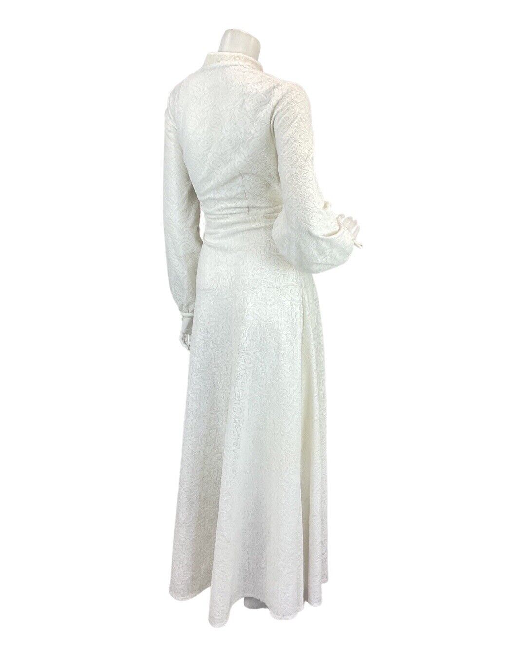 VTG 60s 70s WHITE EMBROIDERED FLORAL SWIRL WEDDING BRIDAL PRAIRIE MAXI DRESS 10