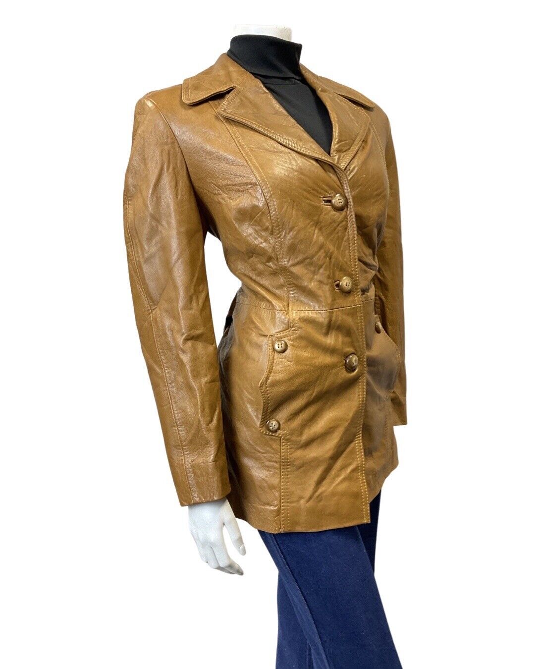 VINTAGE 60s 70s LIGHT BROWN GOLD MOD NAPPA LEATHER JACKET 14 16