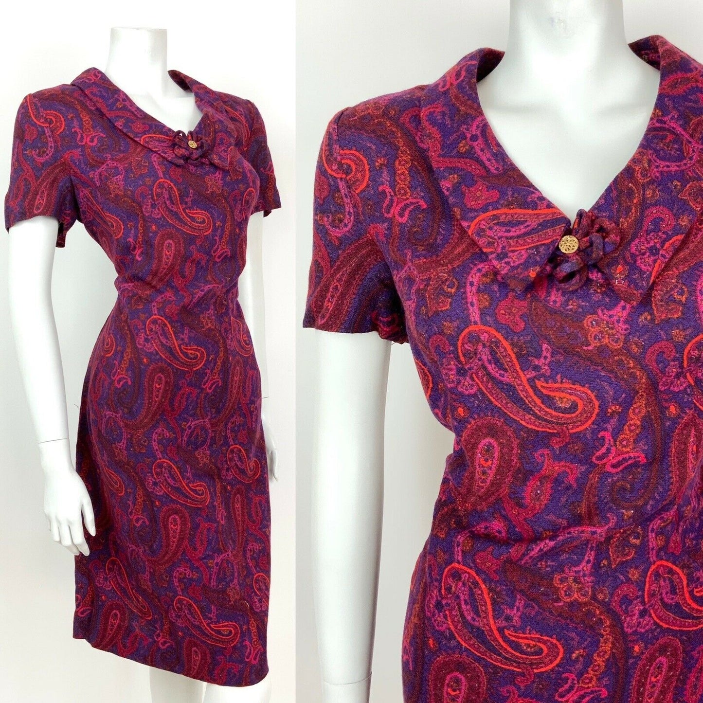 VTG 60s 70s PURPLE PINK ORANGE FLORAL PAISLEY CHELSEA COLLAR SHIFT DRESS 14 16