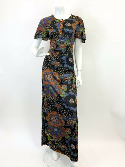 VTG 60s 70s BLACK MULTICOLOURED FLORAL STRIPED BELL SLEEVE MOD MAXI DRESS 10 12