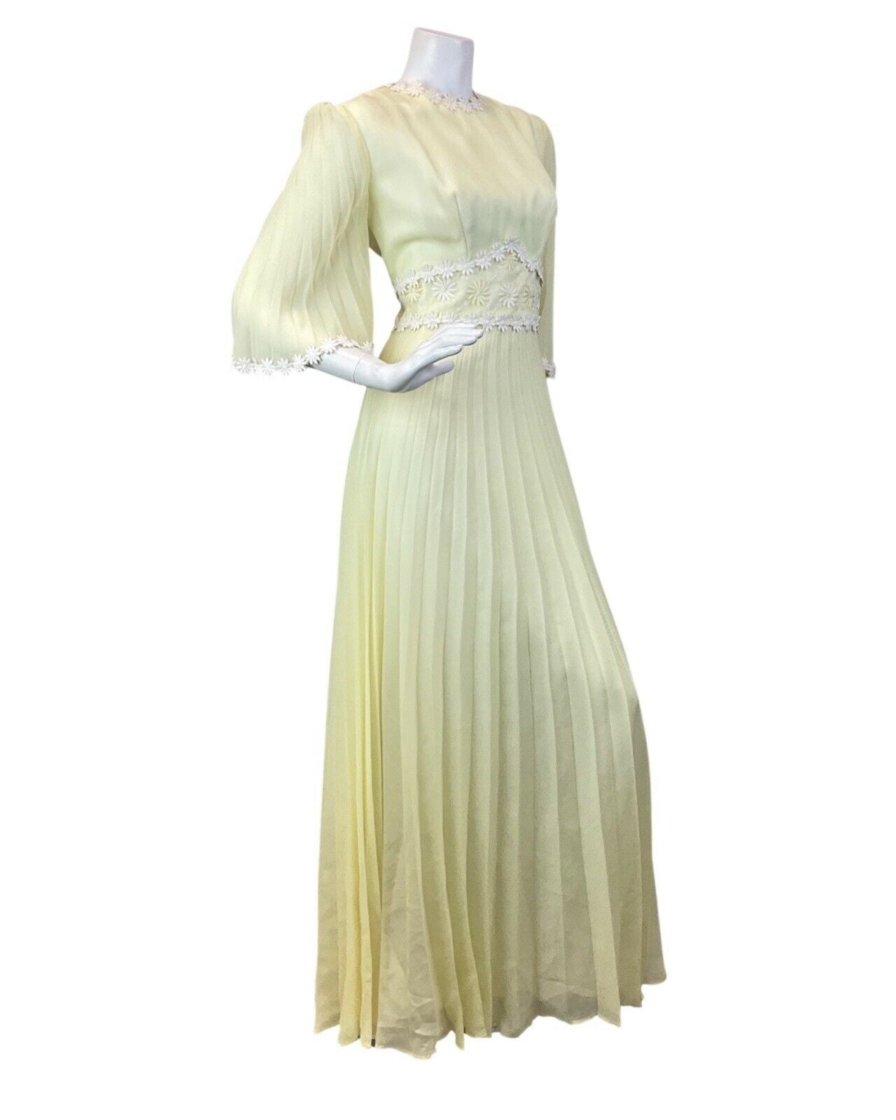 VINTAGE 60s 70s PASTEL YELLOW WHITE DAISY FLOWER BOHO MOD SHEER MAXI DRESS 10