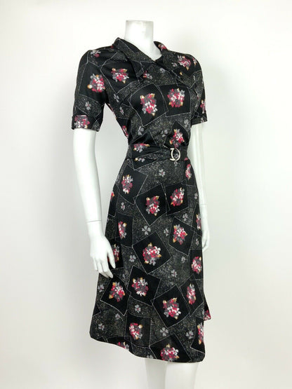 VINTAGE 60s 70s BLACK GREEN PINK YELLOW FLORAL GEOMETRIC DAGGER COLLAR DRESS 12