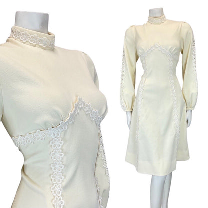 VINTAGE 60s IVORY CREAM DAISY FLOWER LACE MOD WEDDING LONG SLEEVE DRESS 10