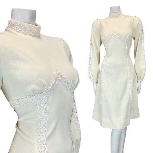 VINTAGE 60s IVORY CREAM DAISY FLOWER LACE MOD WEDDING LONG SLEEVE DRESS 10