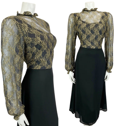 VTG 60s 70s BLACK GOLD LACE DISCO MOD MINI PARTY CHRISTMAS EVENING DRESS 16 18