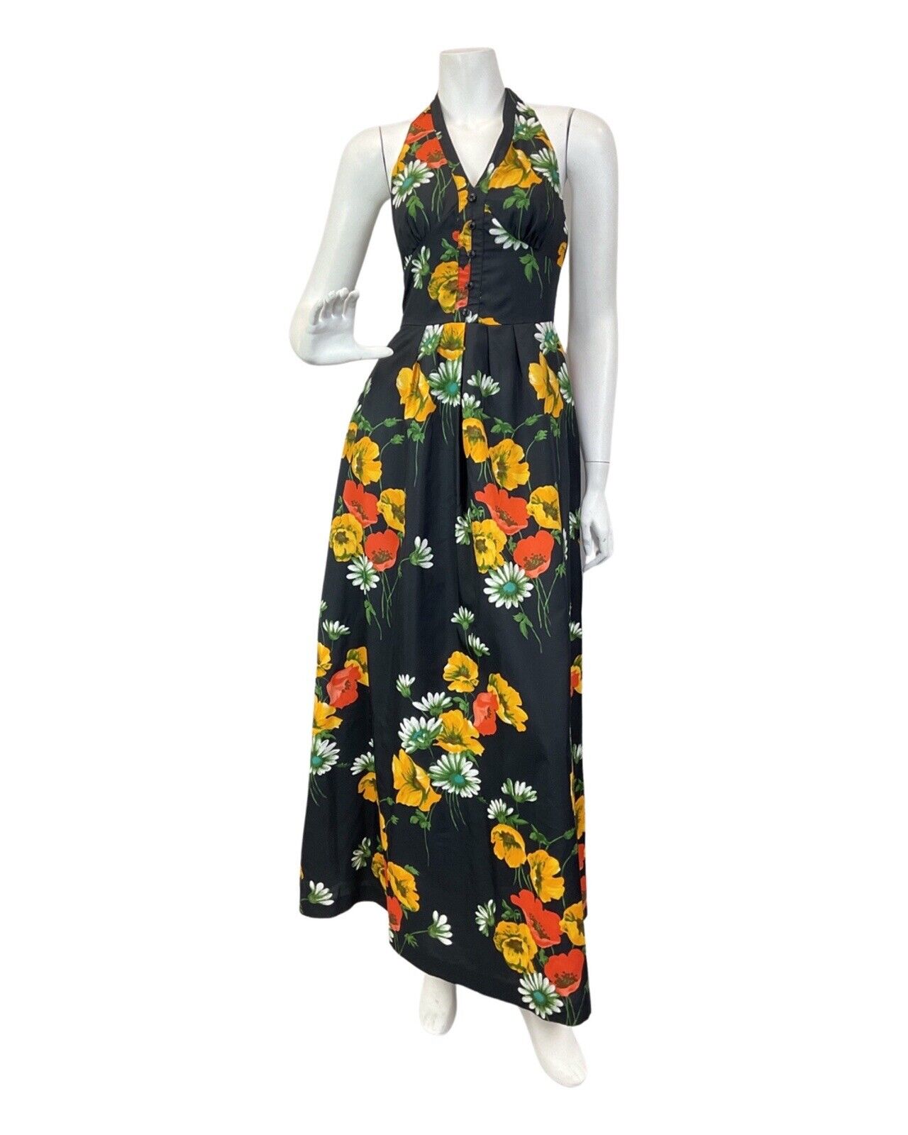 VINTAGE 60s 70s BLACK RED YELLOW POPPY DAISY FLOWER HALTER MAXI DRESS 4