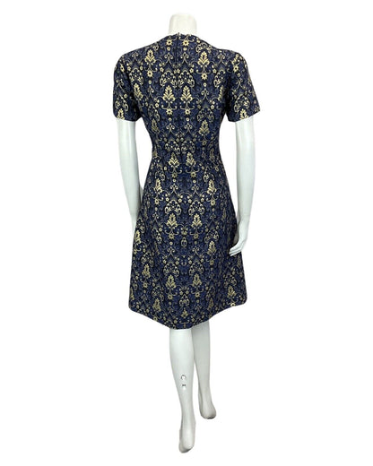 VINTAGE 60s 70s BLUE NAVY GOLD FLORAL MOD MINI PARTY CHRISTMAS EVENING DRESS 14