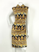 VINTAGE 60s 70s BROWN BRONZE GOLD BLACK WHITE AZTEC GEOMETRIC DRESS 12 14 16