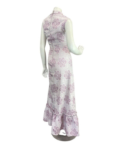 VINTAGE 60s 70s PASTEL PURPLE PINK FLORAL BOW MOD SLEEVELESS MAXI DRESS 10 12