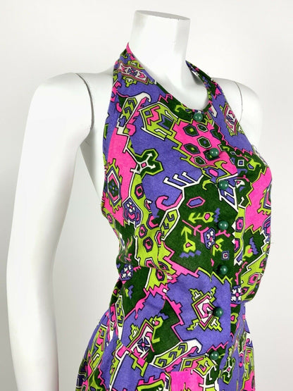 VTG 60s 70s NEON PINK PURPLE GREEN AZTEC PSYCHEDELIC HALTER MINI DRESS 12