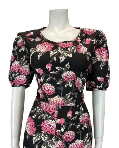 VINTAGE 60s 70s BLACK PINK GREY FLORAL HYDRANGEA MOD KNEE-LENGTH DRESS 12 14