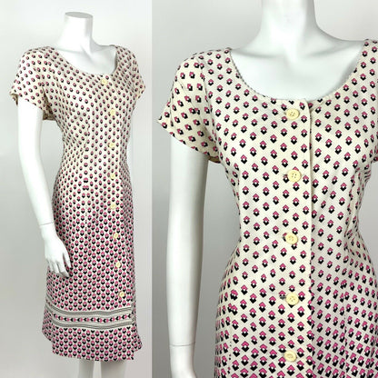 VINTAGE 60s 70s WHITE PINK BLACK GEOMETRIC SQUARE MIDI DRESS 14 16