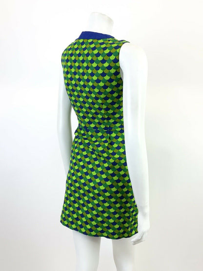 VINTAGE 60s 70s LIME FOREST GREEN BLUE SCALES MOD SLEEVELESS MINI DRESS 8