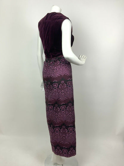 VINTAGE 60s 70s PURPLE PINK BLACK AZTEC GEOMETRIC FLORAL VELVET MAXI DRESS 10 12