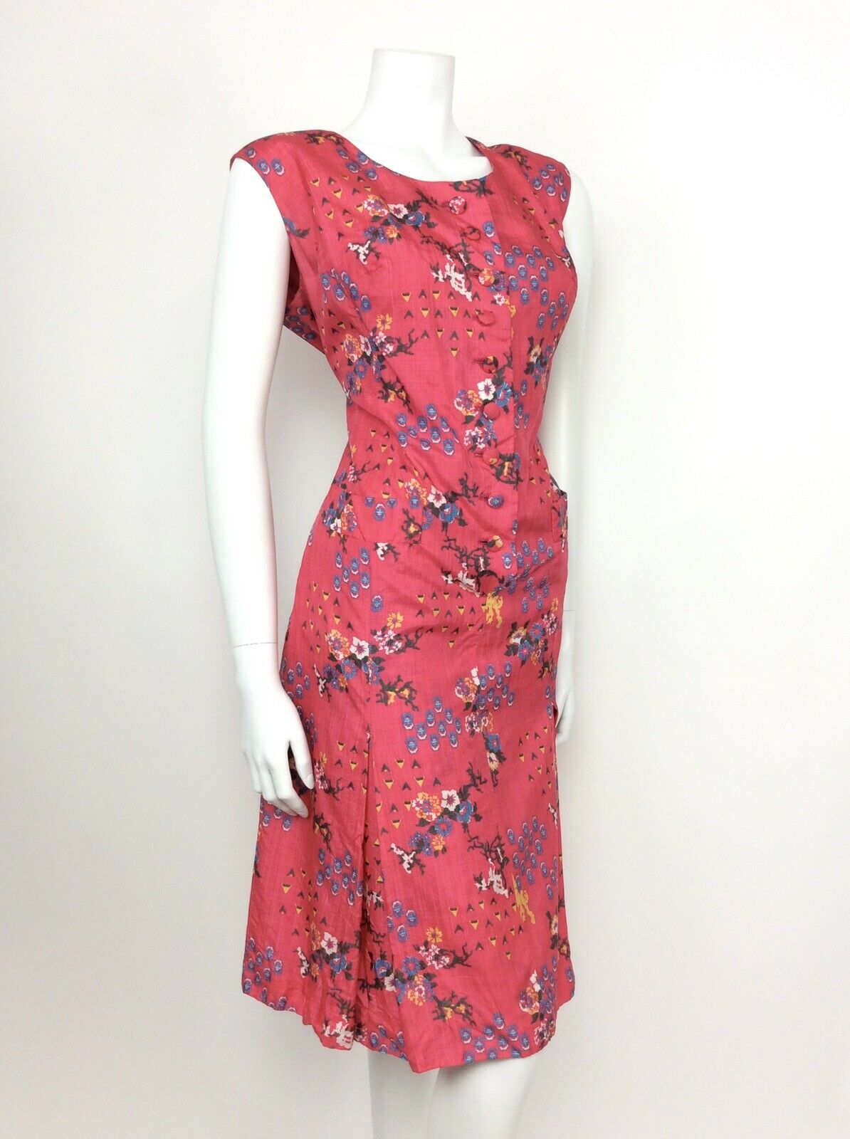 VINTAGE 60s 70s PINK FLORAL WHITE BLUE YELLOW SILK SUMMER DRESS 14