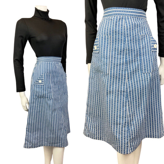 VINTAGE 60s 70s DENIM BLUE WHITE STRIPED DOTTY MIDI A-LINE SKIRT 8