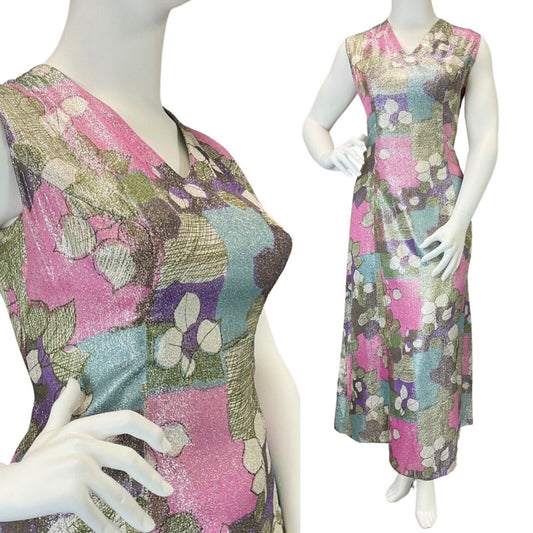 VINTAGE 60s 70s SILVER PINK BLUE LUREX PATCHWORK LEAFY DISCO PARTY MAXI DRESS 16