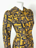 VTG 60s 70s YELLOW BLUE GOLD FLORAL PAISLEY PSYCHEDELIC DAGGER COLLAR DRESS 6 8