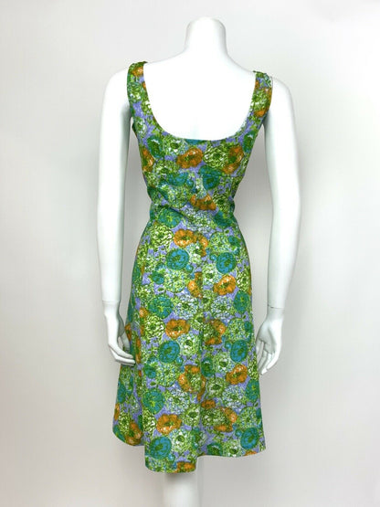 VTG 60s 70s GREEN EMPIRE LINE SUN DRESS BLUE PURPLE ORANGE FLORAL DITSY 12 14