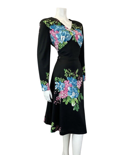 VINTAGE 60s 70s BLACK BLUE PINK FLORAL BOUQUET LONG SLEEVE MIDI DRESS 14 16