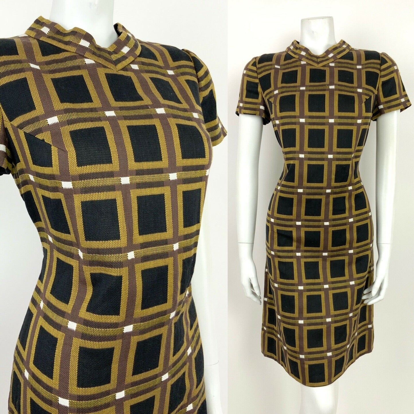 VINTAGE 60s 70s BROWN BLACK YELLOW WHITE GEOMETRIC SQUARE MOD SHIFT DRESS 10 12