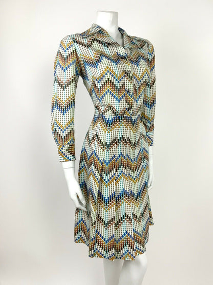 VTG 60s 70s WHITE BROWN BLUE YELLOW CHEVRON GEOMETRIC PLEATED SHIRT DRESS 12 14