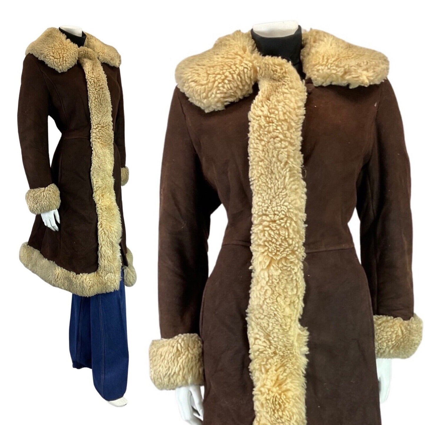 VINTAGE 60s 70s DARK BROWN CREAM MOD PRINCESS SUEDE SHEARLING COAT 10 12