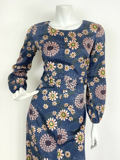 VTG 60s 70s BLUE PINK GREEN PSYCHEDELIC DAISY FLORAL PEPLUM RUFFLE MAXI DRESS 10