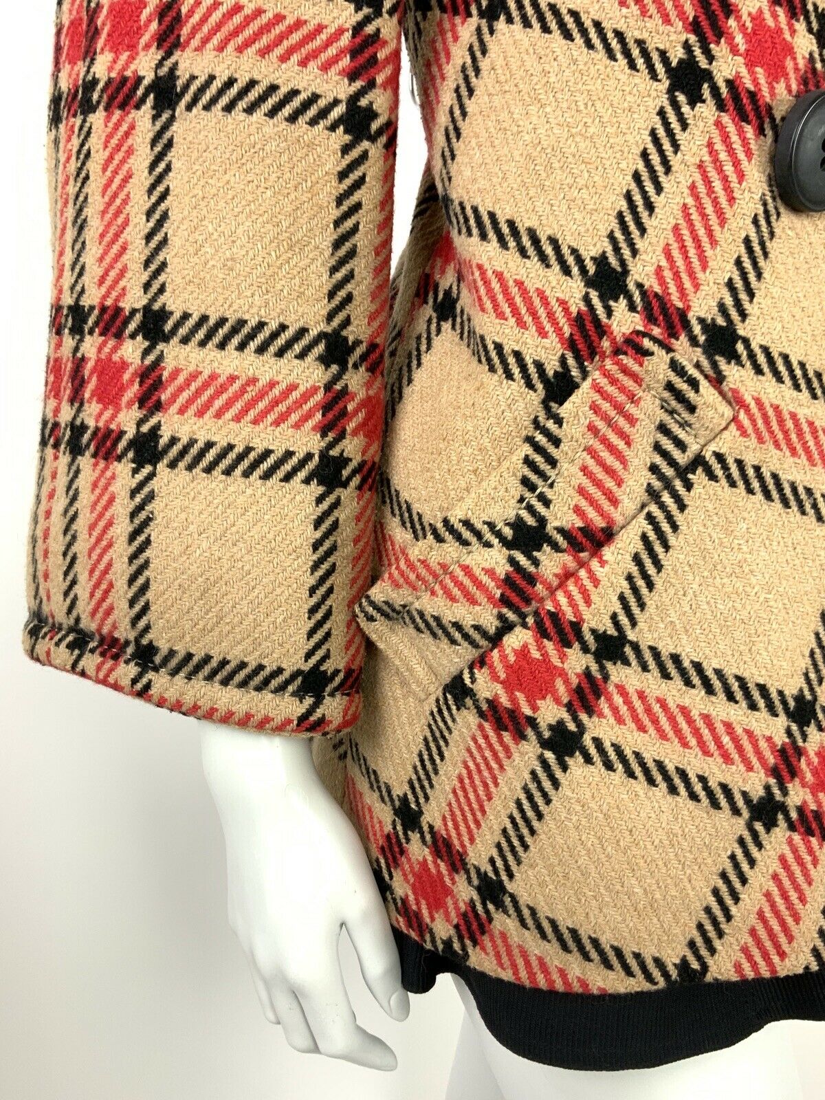 VINTAGE 60s 70s BEIGE BLACK RED PLAID CHECKERED SWING COAT 8 10