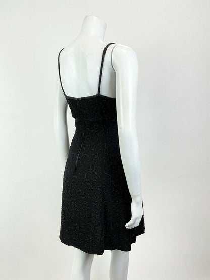 VINTAGE 70s 80s BLACK FLORAL VINE BEADED SPAGHETTI STRAP PARTY MINI DRESS 8