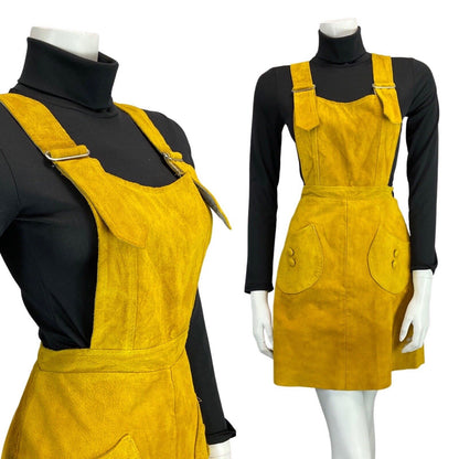 VINTAGE 60s 70s MUSTARD YELLOW SUEDE PINAFORE APRON BOHO MOD DRESS 6