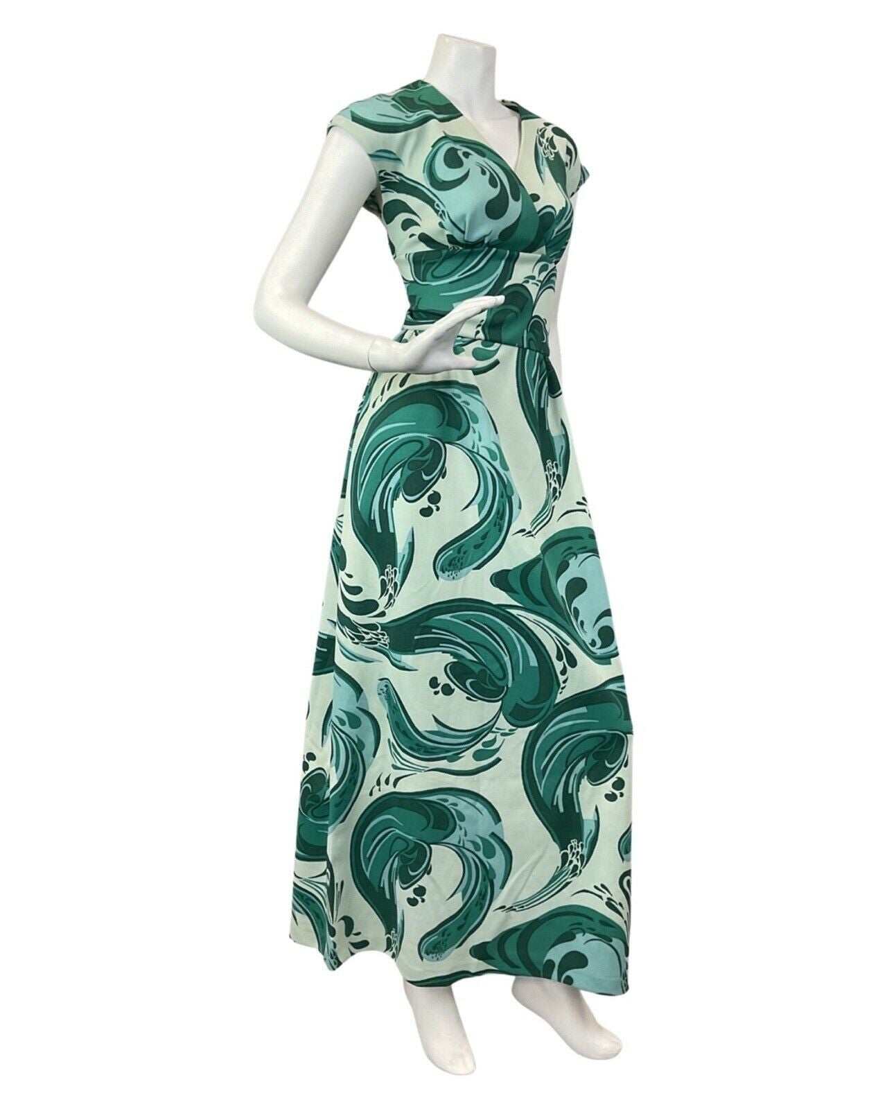 VINTAGE 60s 70s GREEN MINT PSYCHEDELIC SWIRL SLEEVELESS MAXI DRESS 8