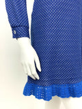 VINTAGE 60s 70s BLUE WHITE POLKADOT PETER PAN COLLAR CROCHETED SHIFT DRESS 6 8