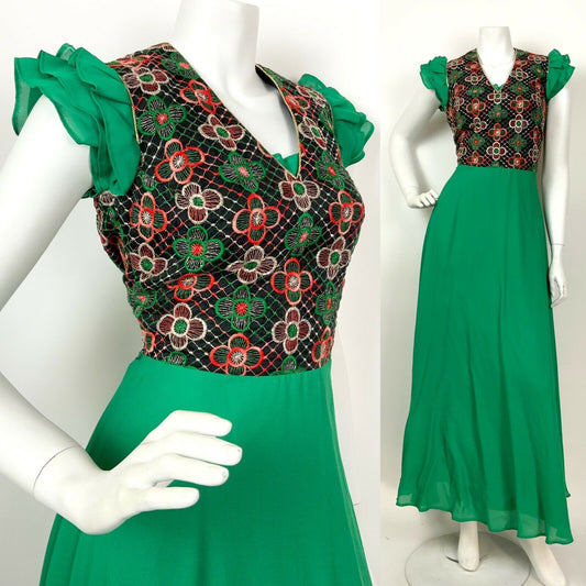 VINTAGE 60s 70s GREEN BLACK GOLD PINK FLORAL EMBROIDERED RUFFLE MAXI DRESS 8 10