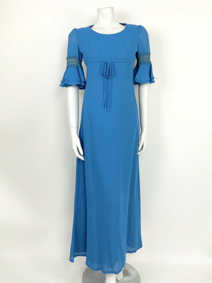 VINTAGE 60s 70s BLUE EMPIRE LINE FLOUNCE CROCHET LACE SLEEVE MAXI DRESS 10