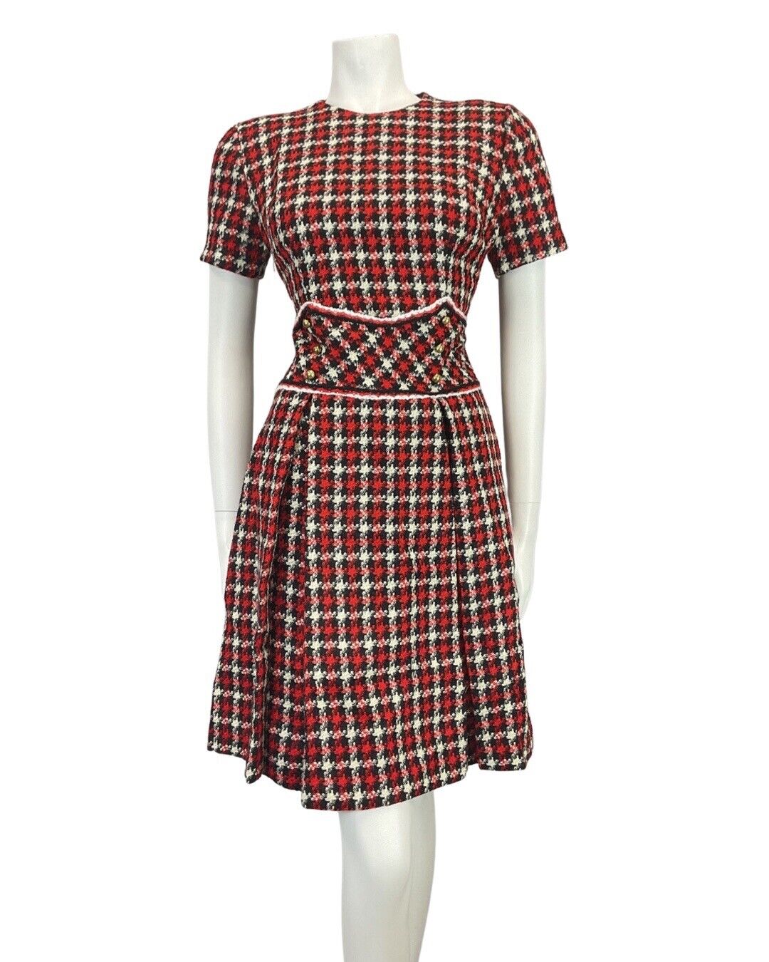 VINTAGE 60s 70s RED BLACK WHITE PLAID CHECKED MOD MINI WOOL DRESS 12