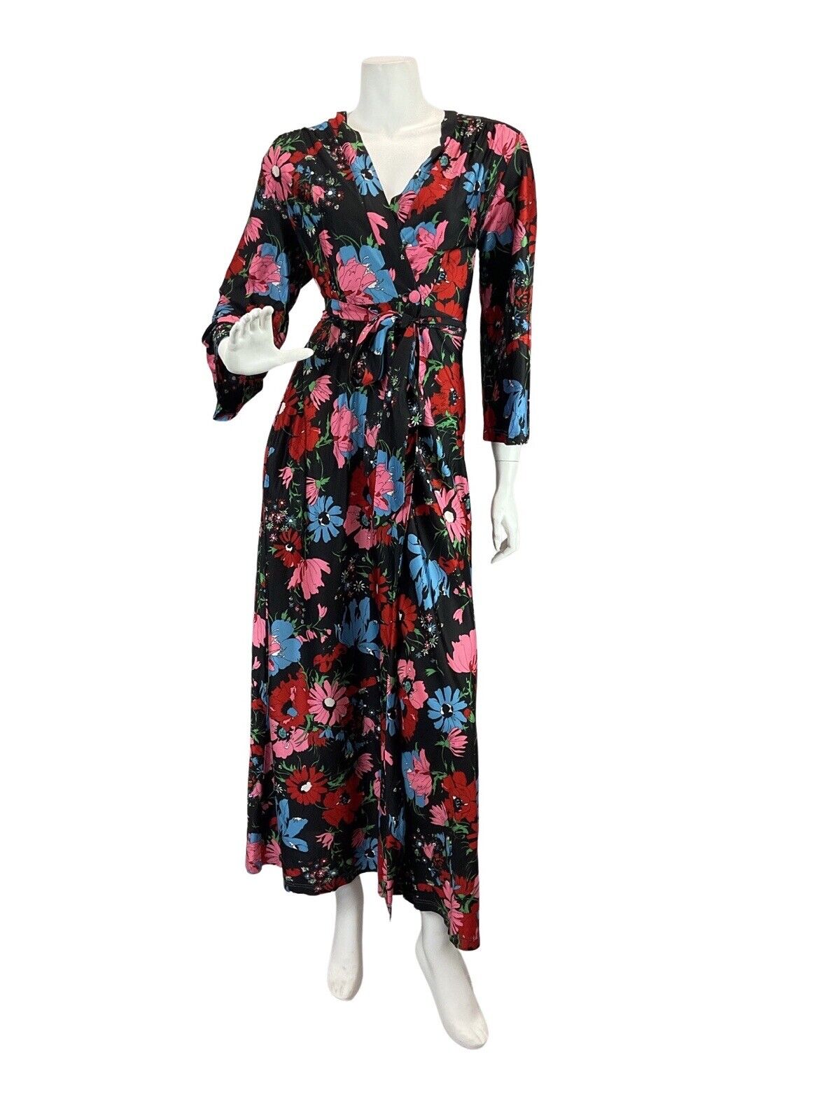 VINTAGE 60s 70s BLACK PINK BLUE FLORAL PSYCHEDELIC MOD WRAP MAXI DRESS 10 12