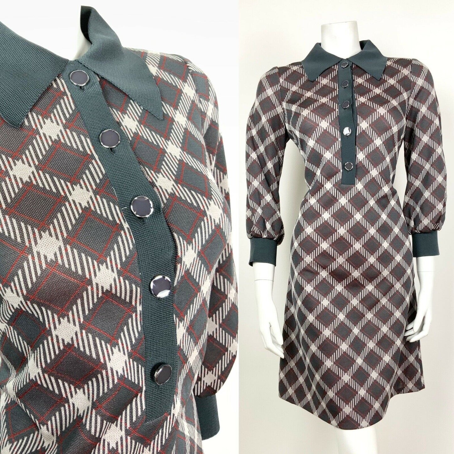 VTG 60s 70s GREY WHITE RED GEOMETRIC CHECKED SHIRT COLLAR MOD SHIFT DRESS 10 12