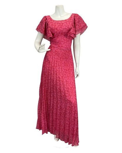 VINTAGE 60s 70s HOT PINK RED FLORAL PSYCHEDELIC BOHO PLEATED MAXI DRESS 12 14