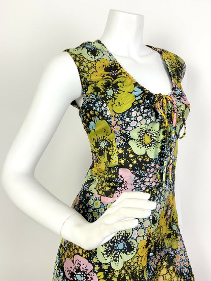 VINTAGE 60s 70s BLACK YELLOW PINK BLUE PSYCHEDELIC FLORAL DOTTY MAXI DRESS 12