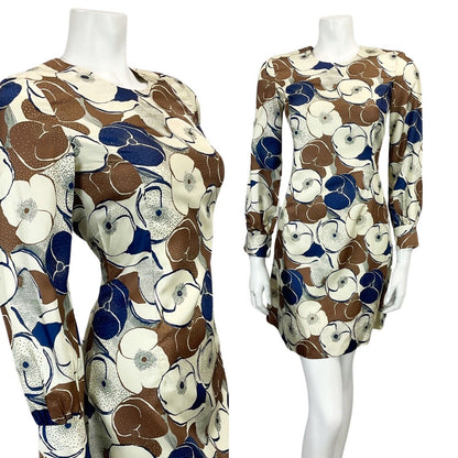 VINTAGE 60s 70s BEIGE BROWN NAVY FLORAL PRINT MOD MINI DRESS 8