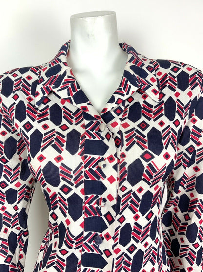 VINTAGE 60s 70s WHITE BLUE RED GEOMETRIC DAGGER COLLAR MOD SHIRT DRESS 14 16