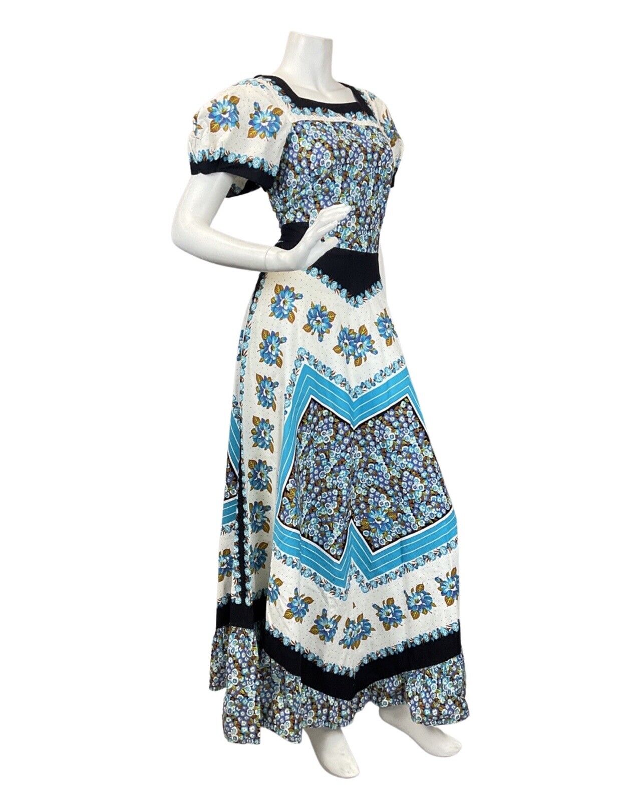 VINTAGE 60s 70s WHITE BLUE BLACK FLORAL BOHO PRAIRIE FOLK MAXI DRESS 10 12