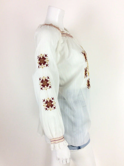 VTG 70s ETHNIC WHITE PEASANT BLOUSE RED GOLD EMBROIDERED MEANDROS GRECIAN 12 14