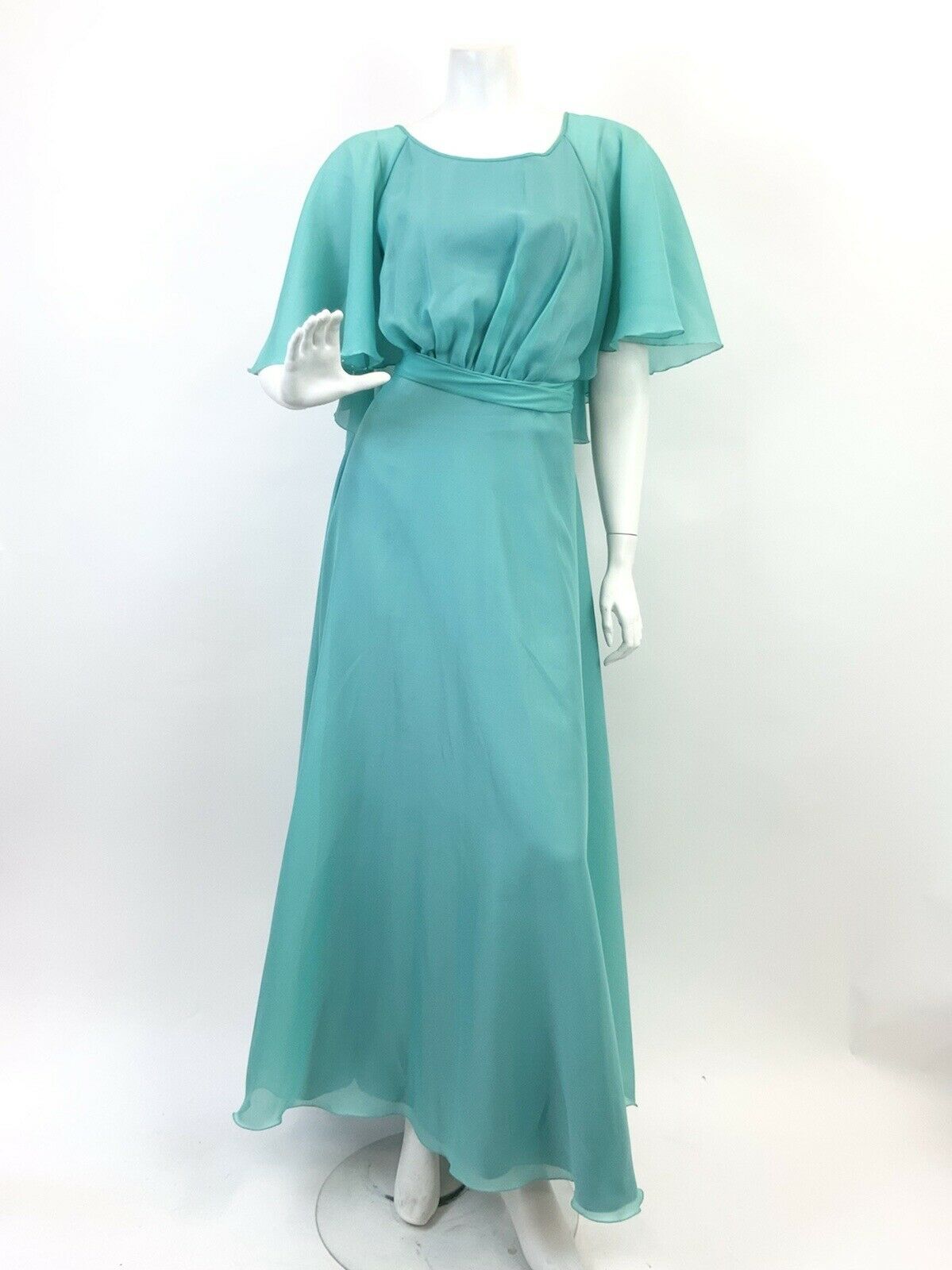 VINTAGE 60s 70s BLUE SEA GREEN FLOATY SHEER CAPE SLEEVE HOSTESS BOHO MAXI DRESS