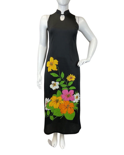 VTG 60s 70s BLACK GREEN YELLOW FLORAL MANDARIN COLLAR SLEEVELESS MAXI DRESS 16