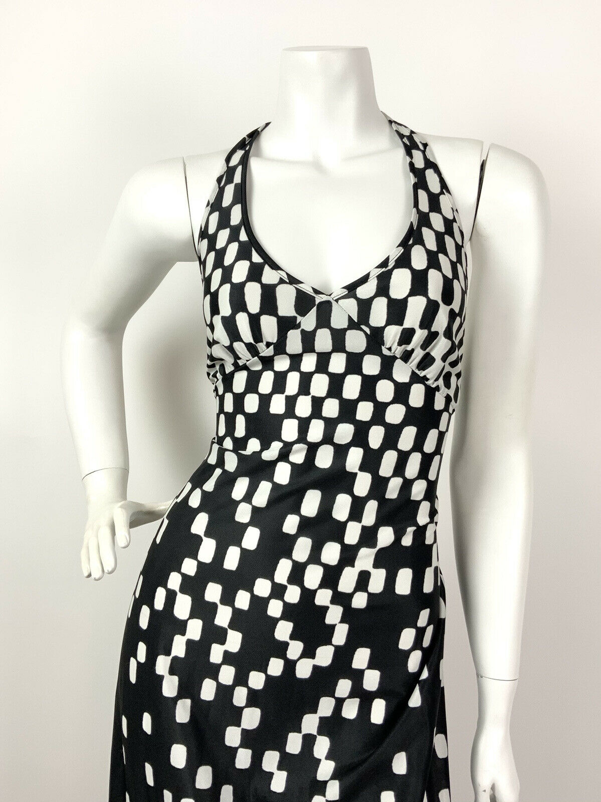 VINTAGE 60s 70s BLACK WHITE CHECKERBOARD GEOMETRIC STRAPPY MAXI DRESS 8 10