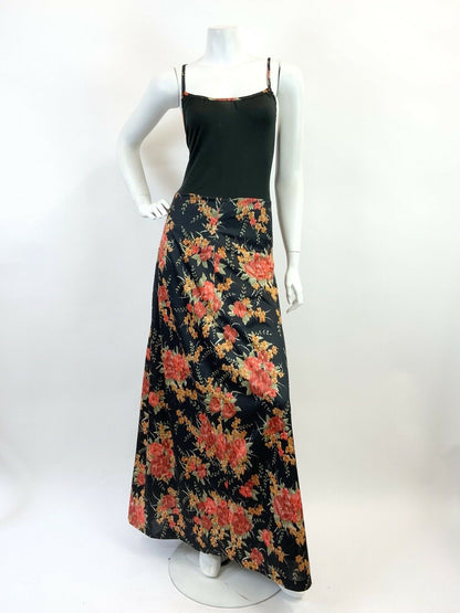 VINTAGE 60s 70s BLACK RED GREEN FLORAL SPAGHETTI STRAP SUMMER MAXI DRESS 10