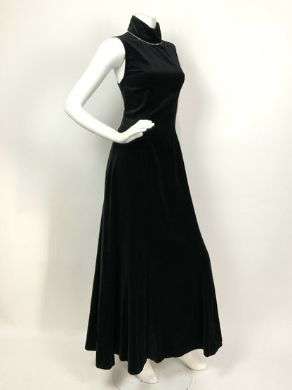 VINTAGE 60s 70s BLACK VELVET SILVER DIAMANTE STUDIO 54 DISCO MAXI DRESS 8 10